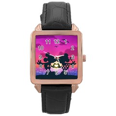 Mickey And Minnie, Mouse, Disney, Cartoon, Love Rose Gold Leather Watch  by nateshop