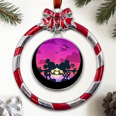 Mickey And Minnie, Mouse, Disney, Cartoon, Love Metal Red Ribbon Round Ornament by nateshop