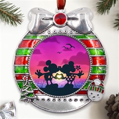 Mickey And Minnie, Mouse, Disney, Cartoon, Love Metal X mas Ribbon With Red Crystal Round Ornament by nateshop