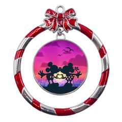 Mickey And Minnie, Mouse, Disney, Cartoon, Love Metal Red Ribbon Round Ornament by nateshop