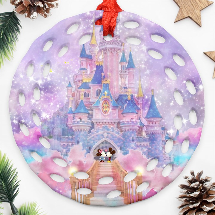 Disney Castle, Mickey And Minnie Round Filigree Ornament (Two Sides)