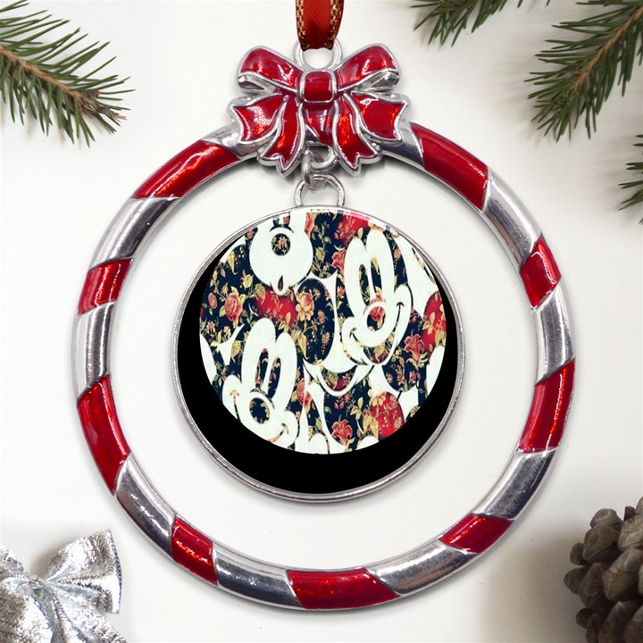 Mickey Mouse, Cartoon, Cartoon Character Metal Red Ribbon Round Ornament