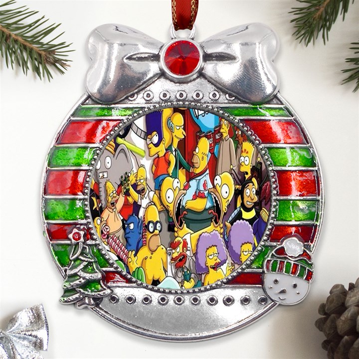 The Simpsons, Cartoon, Crazy, Dope Metal X Mas Ribbon With Red Crystal Round Ornament