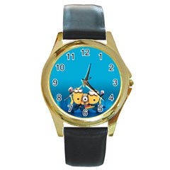 Minions, Blue, Cartoon, Cute, Friends Round Gold Metal Watch by nateshop