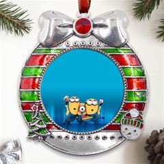 Minions, Blue, Cartoon, Cute, Friends Metal X mas Ribbon With Red Crystal Round Ornament by nateshop