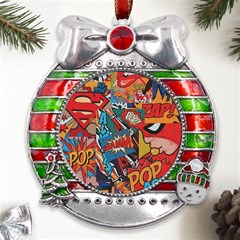 Comic Cartoon Pattern Metal X mas Ribbon With Red Crystal Round Ornament by pakminggu