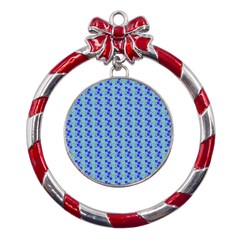 Skyblue Floral Metal Red Ribbon Round Ornament by Sparkle