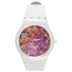 Ochre On Fuchsia Blend Round Plastic Sport Watch (m) by kaleidomarblingart