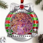 Ochre on fuchsia blend Metal X Mas Ribbon With Red Crystal Round Ornament Front