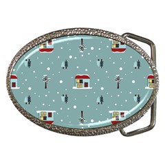 Seamless Pattern With Festive Christmas Houses Trees In Snow And Snowflakes Belt Buckles by Grandong