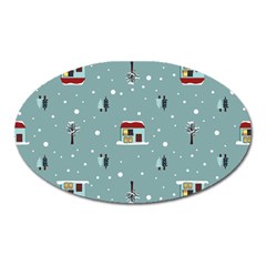 Seamless Pattern With Festive Christmas Houses Trees In Snow And Snowflakes Oval Magnet