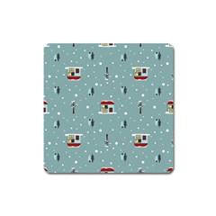 Seamless Pattern With Festive Christmas Houses Trees In Snow And Snowflakes Square Magnet by Grandong