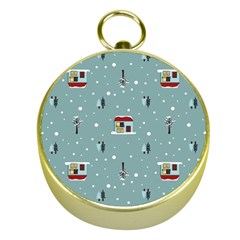 Seamless Pattern With Festive Christmas Houses Trees In Snow And Snowflakes Gold Compasses by Grandong