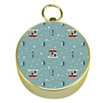 Seamless Pattern With Festive Christmas Houses Trees In Snow And Snowflakes Gold Compasses Front