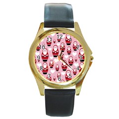 Christmas Santa Pattern Round Gold Metal Watch by Grandong