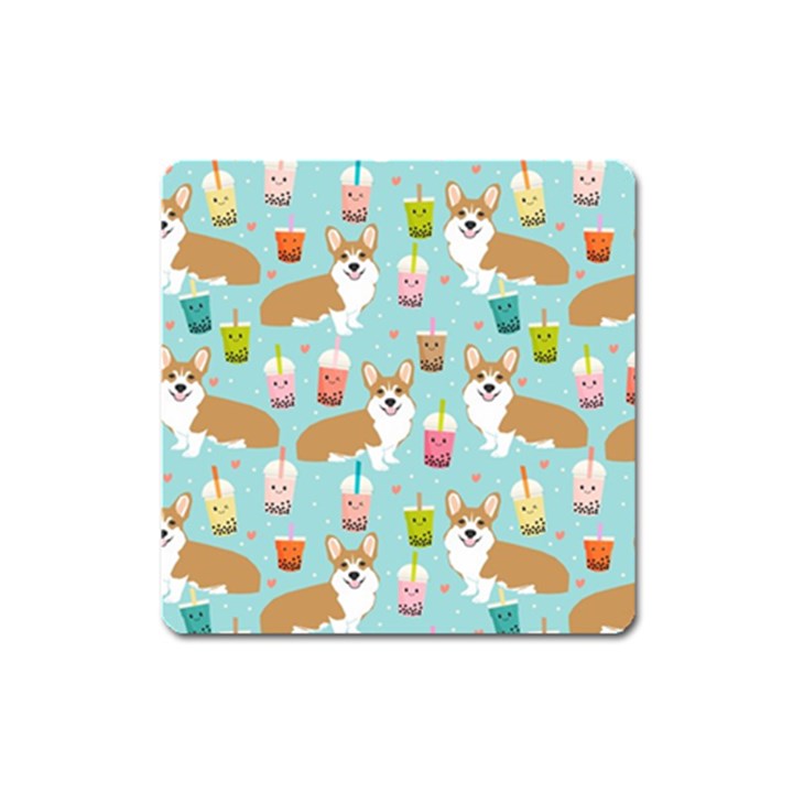 Welsh Corgis Dog Boba Tea Bubble Tea Cute Kawaii Square Magnet