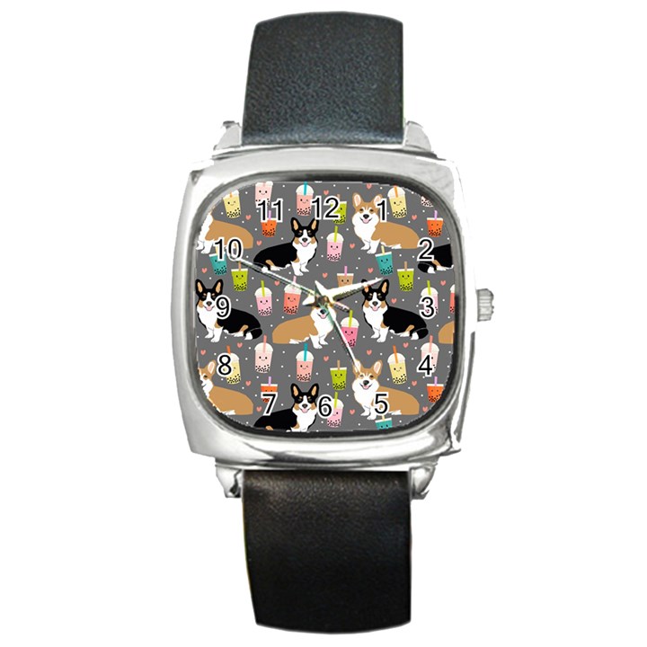 Welsh Corgi Dog Boba Tea Bubble Kawaii Square Metal Watch