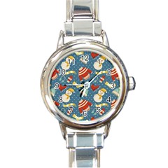 Winter Blue Christmas Snowman Pattern Round Italian Charm Watch by Grandong