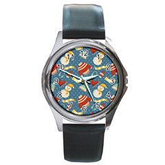 Winter Blue Christmas Snowman Pattern Round Metal Watch by Grandong