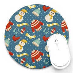 Winter Blue Christmas Snowman Pattern Round Mousepad by Grandong