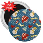 Winter Blue Christmas Snowman Pattern 3  Magnets (100 pack) Front