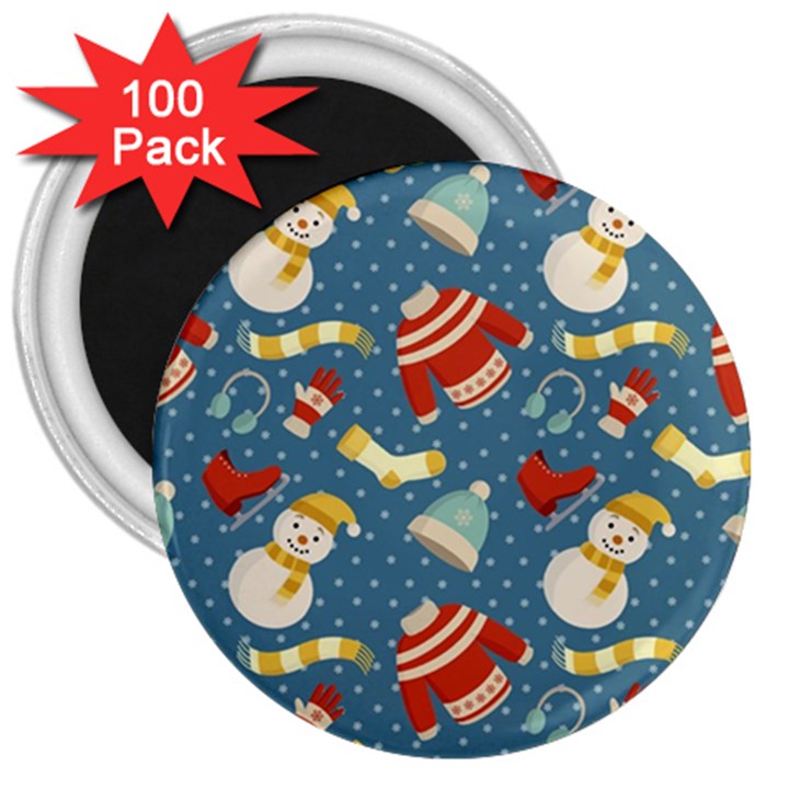 Winter Blue Christmas Snowman Pattern 3  Magnets (100 pack)