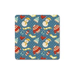 Winter Blue Christmas Snowman Pattern Square Magnet by Grandong