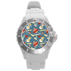 Winter Blue Christmas Snowman Pattern Round Plastic Sport Watch (l) by Grandong