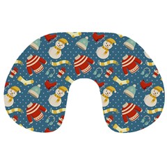 Winter Blue Christmas Snowman Pattern Travel Neck Pillow by Grandong