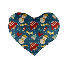 Winter Blue Christmas Snowman Pattern Standard 16  Premium Flano Heart Shape Cushions by Grandong