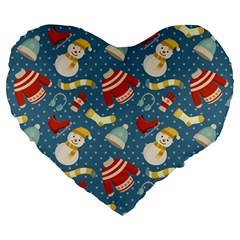 Winter Blue Christmas Snowman Pattern Large 19  Premium Flano Heart Shape Cushions by Grandong