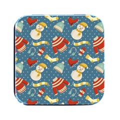 Winter Blue Christmas Snowman Pattern Square Metal Box (black) by Grandong