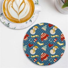 Winter Blue Christmas Snowman Pattern Uv Print Round Tile Coaster by Grandong