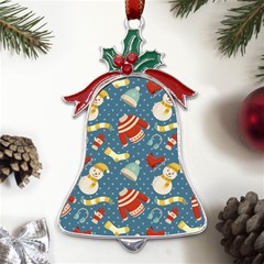 Winter Blue Christmas Snowman Pattern Metal Holly Leaf Bell Ornament by Grandong