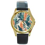 Colorful Tropical Leaf Round Gold Metal Watch Front