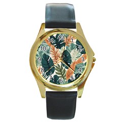 Tropical Leaf Round Gold Metal Watch by Jack14