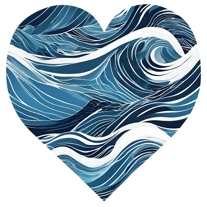 Abstract Blue Ocean Wave Wooden Puzzle Heart