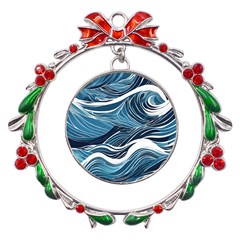 Abstract Blue Ocean Wave Metal X mas Wreath Ribbon Ornament by Jack14