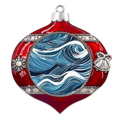 Abstract Blue Ocean Wave Metal Snowflake And Bell Red Ornament by Jack14