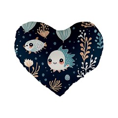 Fish Pattern Standard 16  Premium Flano Heart Shape Cushions by Valentinaart