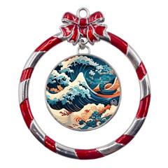 Wave Pattern Metal Red Ribbon Round Ornament by Valentinaart