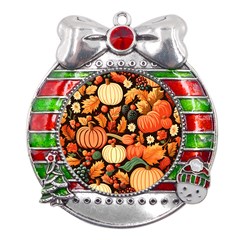 Thanksgiving Pattern Metal X mas Ribbon With Red Crystal Round Ornament by Valentinaart