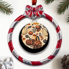 Thanksgiving pattern Metal Red Ribbon Round Ornament