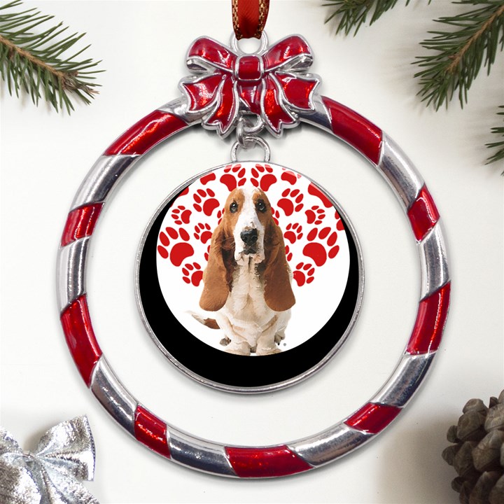 Basset Hound Gift T- Shirt Funny Basset Hound Valentine Heart Paw Basset Hound Dog Lover Valentine C Yoga Reflexion Pose T- Shirtyoga Reflexion Pose T- Shirt Metal Red Ribbon Round Ornament