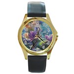 Abstract Blossoms  Round Gold Metal Watch Front