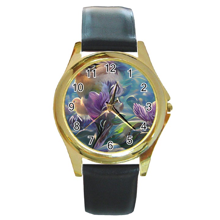 Abstract Blossoms  Round Gold Metal Watch