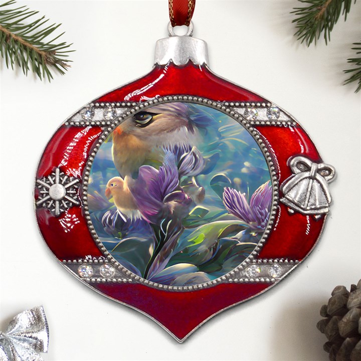 Abstract Blossoms  Metal Snowflake And Bell Red Ornament