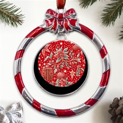 Christmas Pattern Metal Red Ribbon Round Ornament