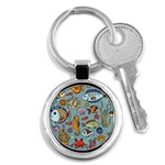 Cartoon Underwater Seamless Pattern With Crab Fish Seahorse Coral Marine Elements Key Chain (Round) Front