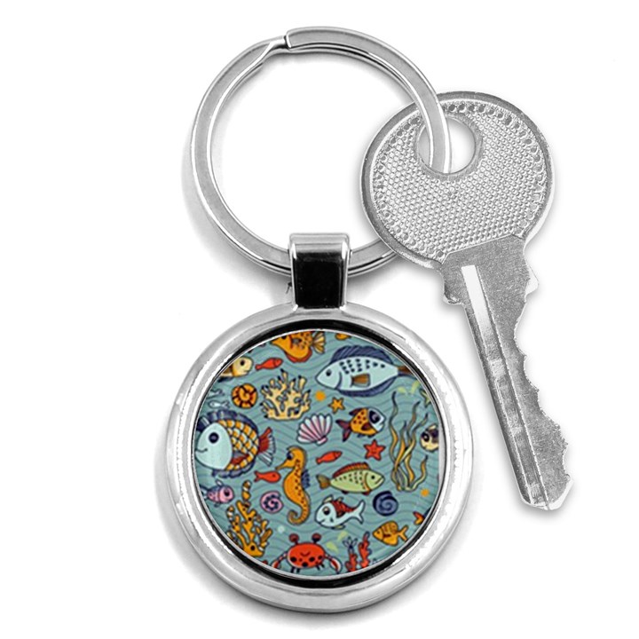 Cartoon Underwater Seamless Pattern With Crab Fish Seahorse Coral Marine Elements Key Chain (Round)